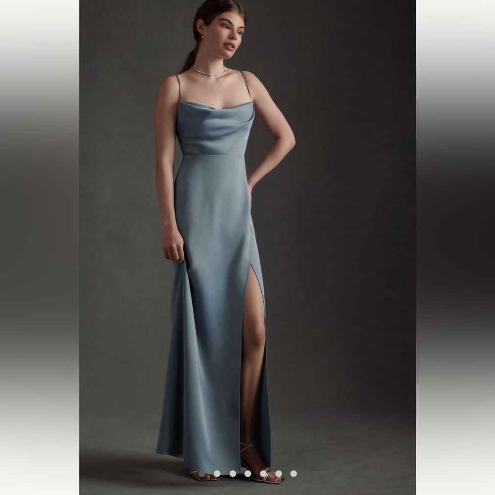 BHLDN Remy Cowl-Neck Faux-Wrap Satin Gown, Dusty Blue